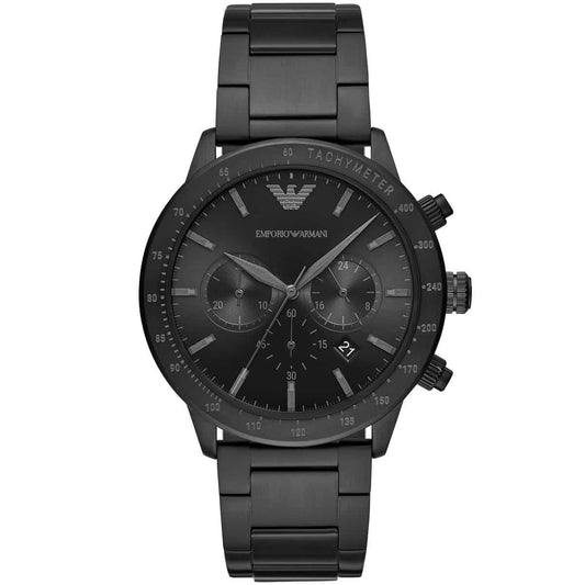 Front view of Emporio Armani AR11242 with black dial and stainless steel bracelet