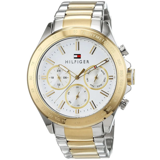 Front view of Tommy Hilfiger 1791226 men's two-tone silver and gold watch with white dial