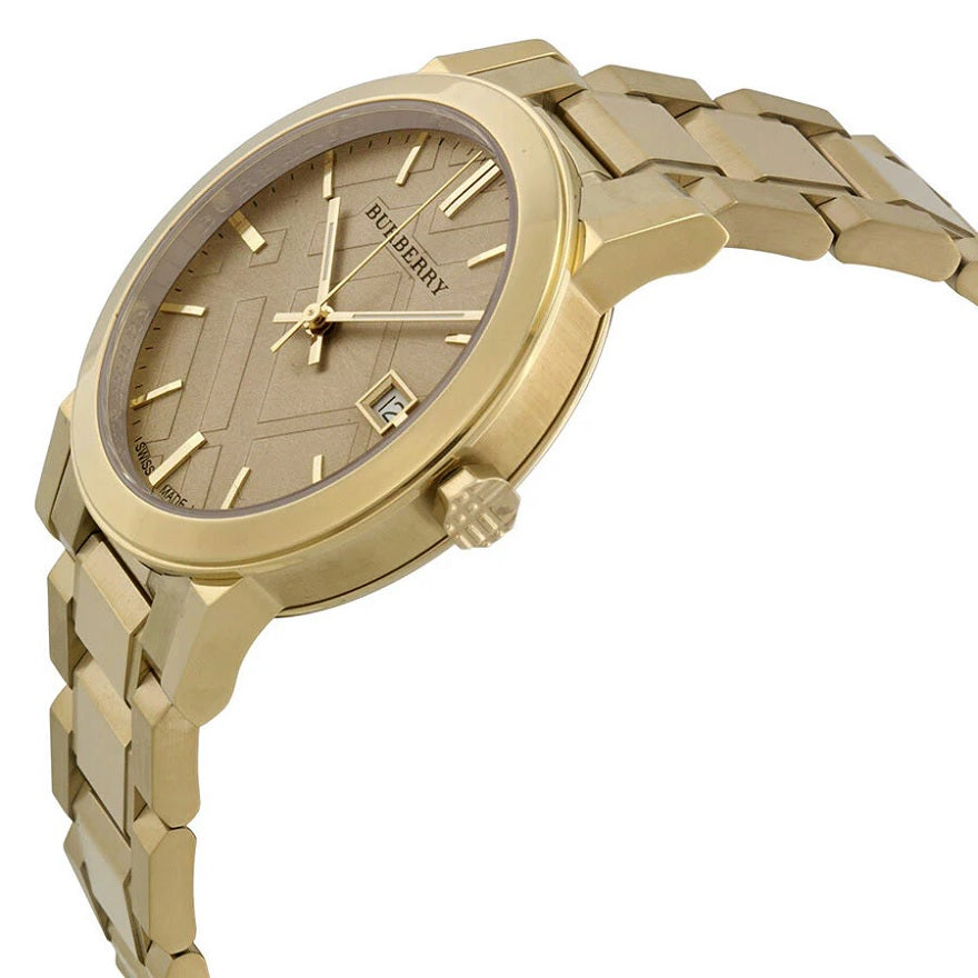 Close-up of Burberry BU9033 gold dial with refined design and Burberry logo