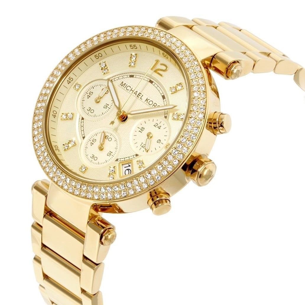 Angled view of Michael Kors MK5354 highlighting gold dial and luminous markers