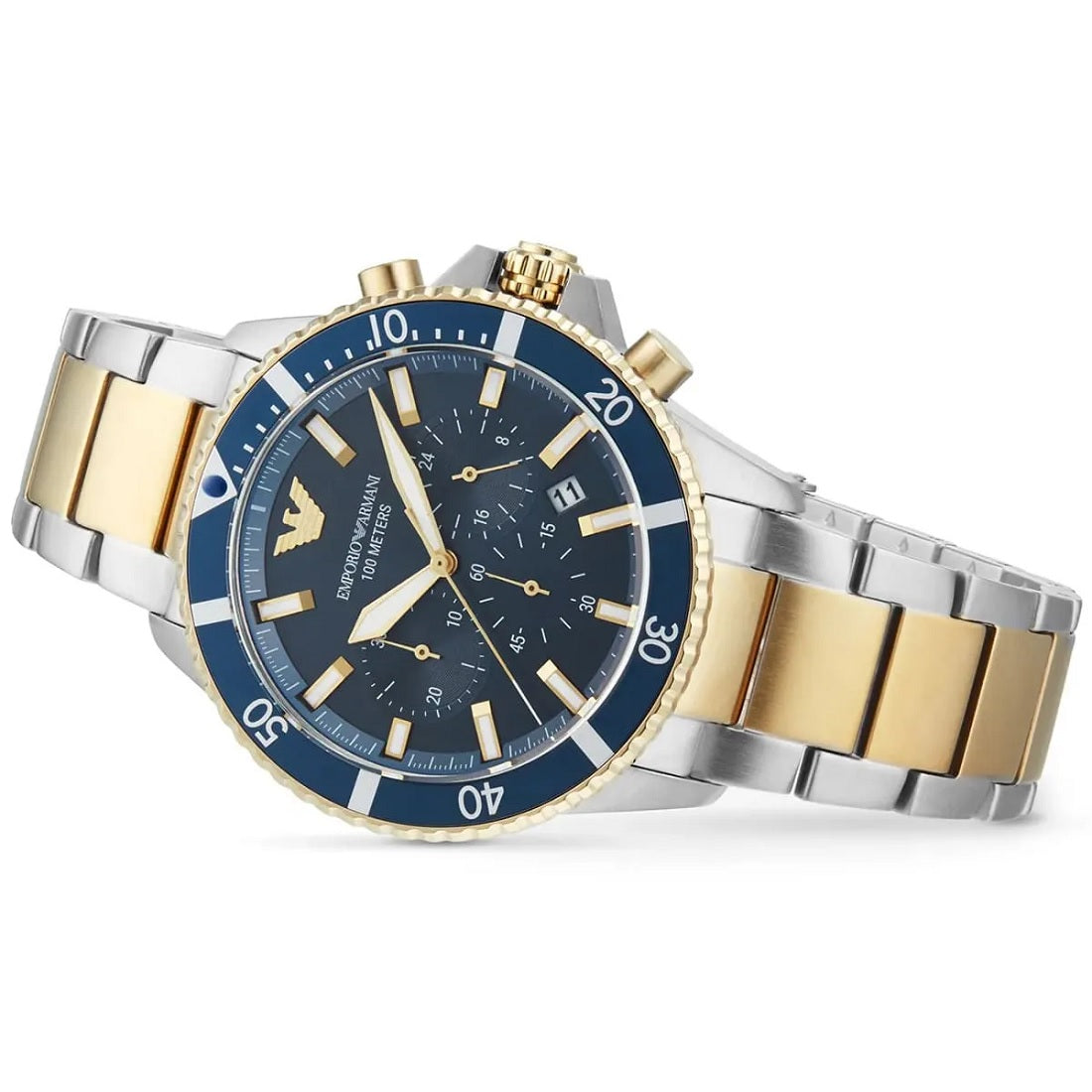 Emporio Armani Men's Watch Stainless Steel Silver & Yellow Gold Strap With Blue Dial AR11362 Diver