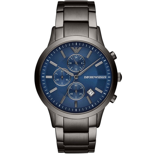 Closeup front view of Emporio Armani AR11215 Renato men’s watch with grey stainless steel strap and blue dial