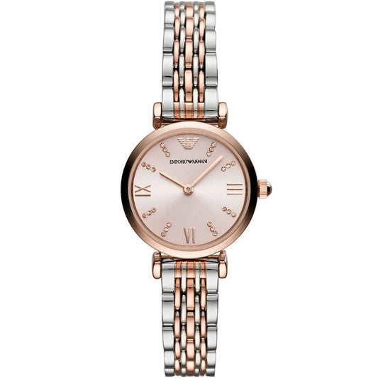 Front view of Emporio Armani AR11223 women’s watch with silver and rose gold stainless steel strap and rose gold dial