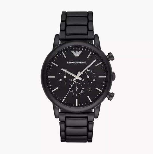 Front view of Emporio Armani AR1895 men's all-black stainless steel chronograph watch featuring a black dial and mineral glass.