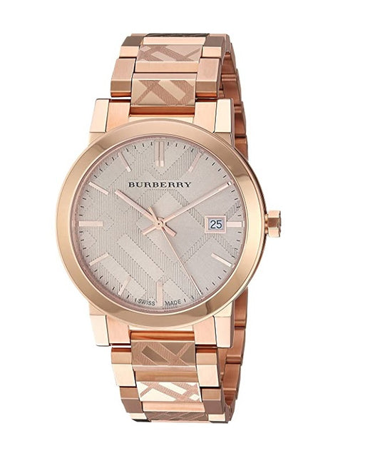 Front view of Burberry BU9146 women’s rose gold stainless steel watch with matching dial