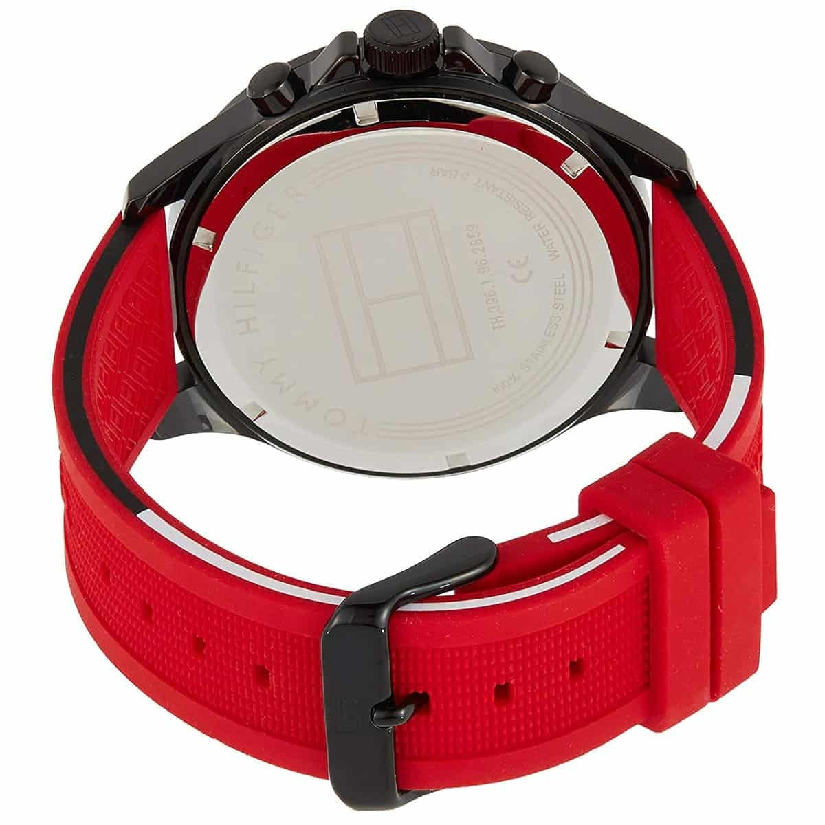 Back top view of Tommy Hilfiger 1791722 men’s watch showing the red strap and back of the case