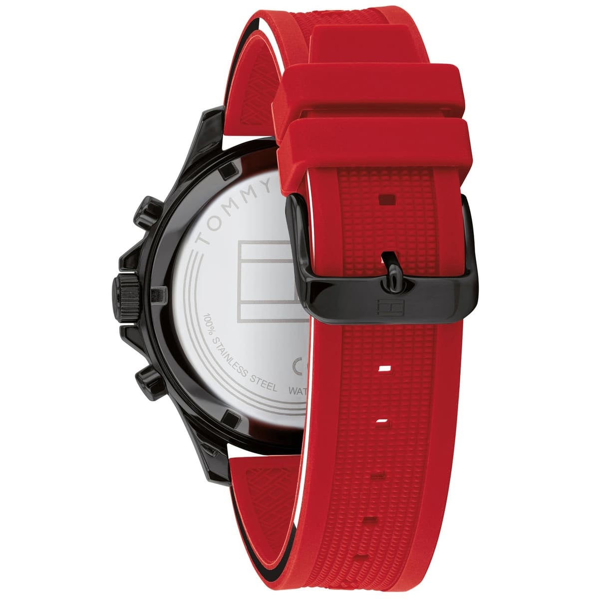 Back view of Tommy Hilfiger 1791722 men’s watch showing the red strap and back of the case