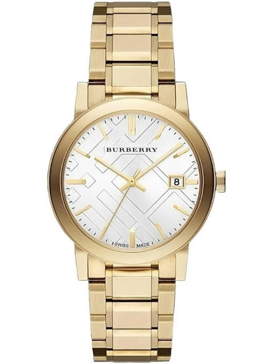 Front view of the Burberry BU9003 The City unisex watch featuring a gold-tone stainless steel bracelet, white textured check dial, and date window.