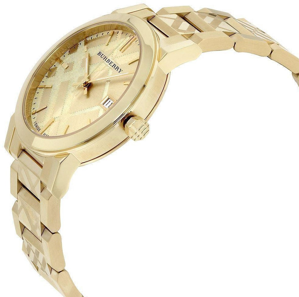 Close-up of Burberry BU9038 gold dial with signature Burberry design elements