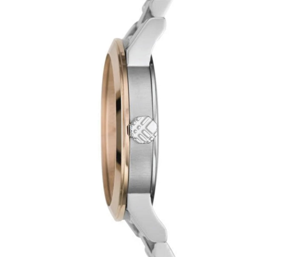 Side profile of the Burberry BU9105 watch with a silver strap and rose gold case.