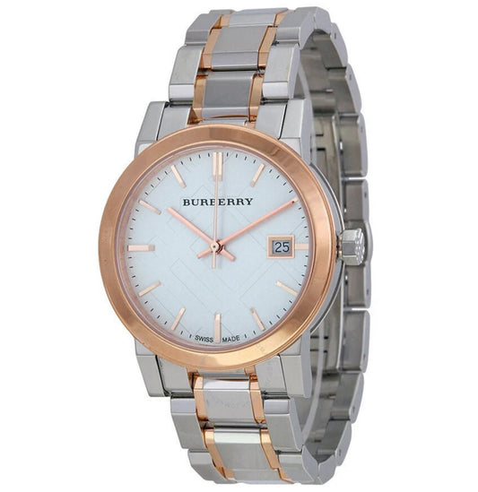 urberry BU9105 The City women's watch with a silver dial and rose gold case, front view.