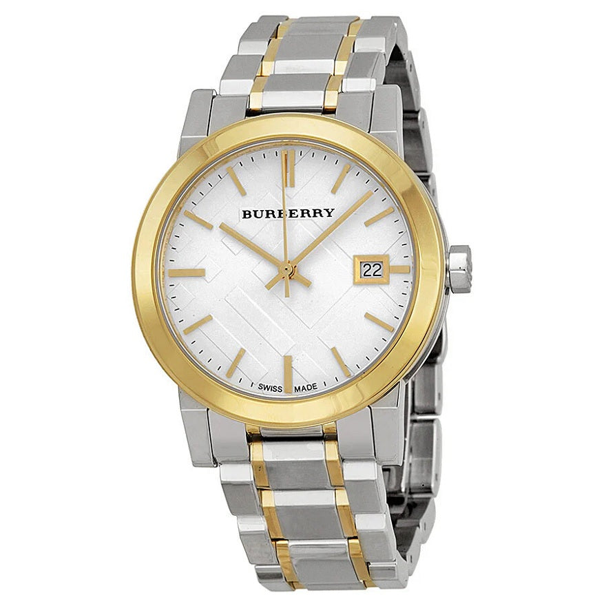 Close-up of Burberry BU9115 silver dial with gold-tone case and index markers