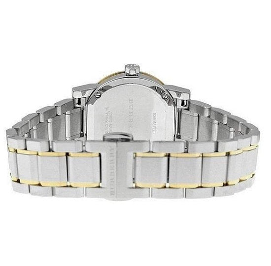 Back view of the Burberry BU9217 watch, showing the engraved case.