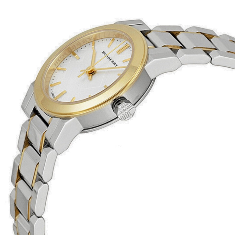 lose-up of the gold dial on the Burberry BU9217 two-tone watch.