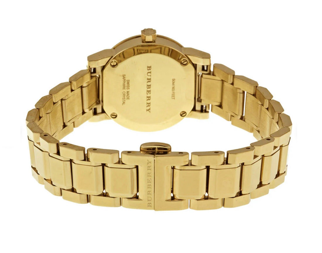 Back case view of Burberry BU9227 The City women’s watch showing its stainless steel gold case
