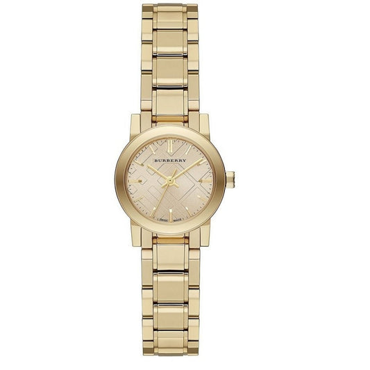 Front view of Burberry BU9227 The City women’s watch with stainless steel gold strap and gold dial