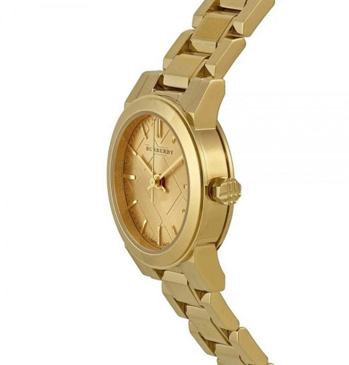 Side view of Burberry BU9227 gold strap and dial – The City 2 model