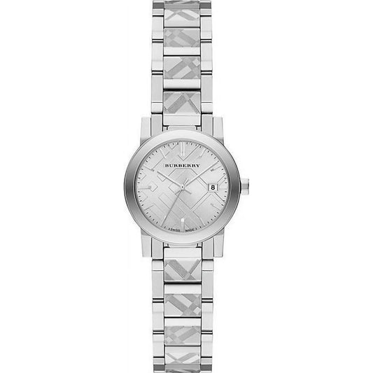 Front studio view of the Burberry BU9233 The City women's watch showcasing a silver-tone dial with a stamped check pattern and a matching stainless steel bracelet featuring engraved check center links.