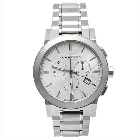 Close-up of the silver dial on Burberry BU9350 The City men’s watch with stainless steel silver strap