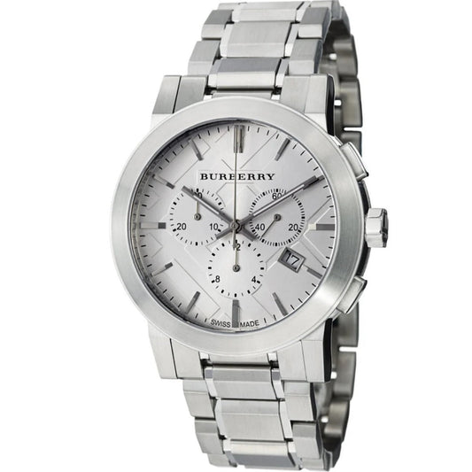 Front view of Burberry BU9350 The City men’s watch with stainless steel silver strap and silver dial