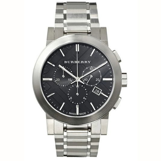 Close-up shot of black dial on Burberry BU9351 The City men’s watch with silver hour markers