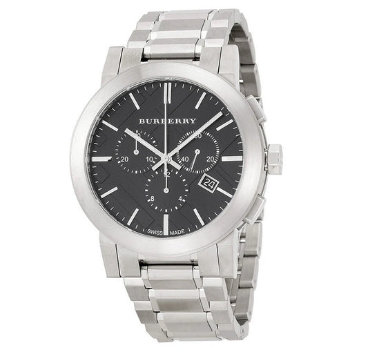 Front view of Burberry BU9351 The City men’s watch with silver stainless steel bracelet and black dial