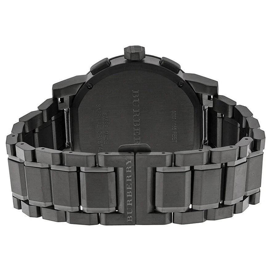 Back case view of Burberry BU9354 The City men’s watch showing the stainless steel finish and logo