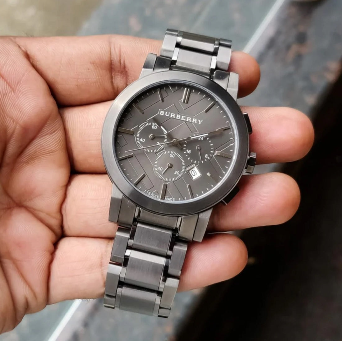 Overview of Burberry BU9354 The City men's watch with dark grey stainless steel strap and dial