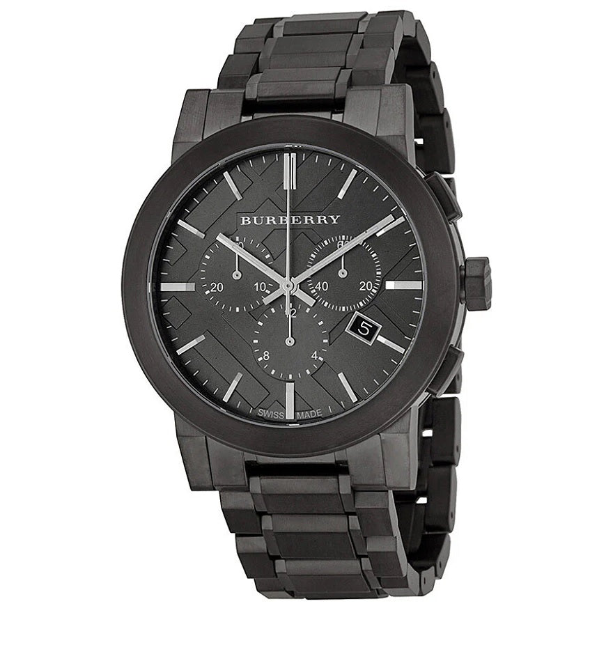Front view of Burberry BU9354 The City men’s watch with dark grey stainless steel strap and dark grey dial