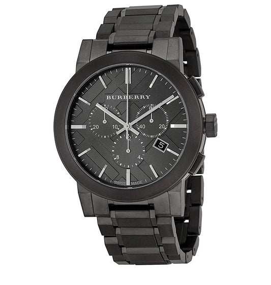 Front view of Burberry BU9354 The City men’s watch with dark grey stainless steel strap and dark grey dial
