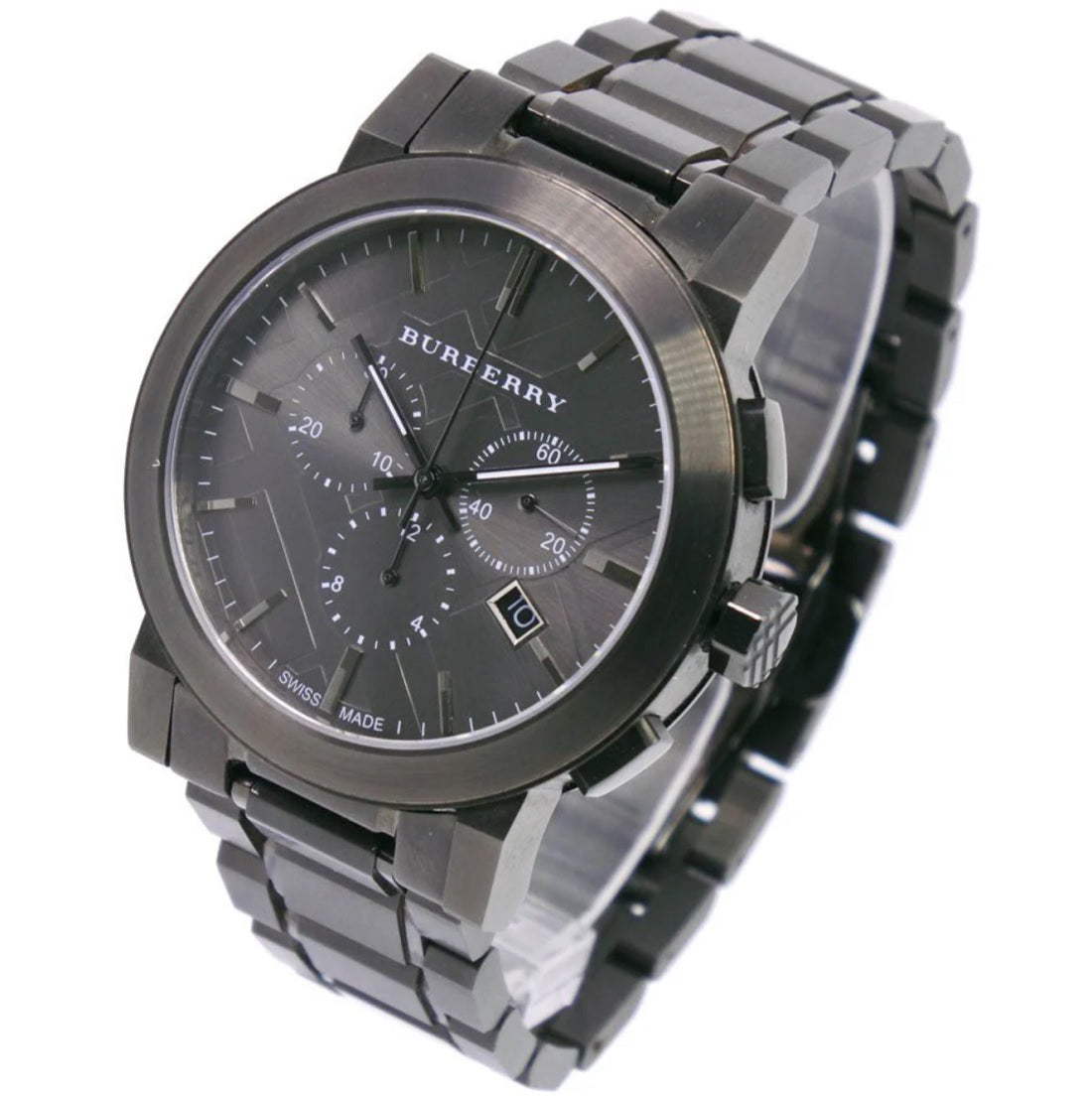 Side view of Burberry BU9354 The City men’s watch showcasing the dark grey stainless steel strap and dial