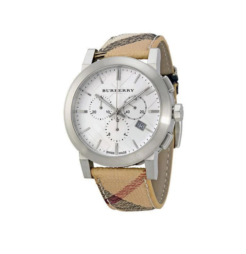 General view of Burberry BU9357 The City men’s watch with multicolour leather strap and silver dial displayed at an angle