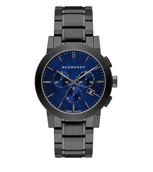 Front view of Burberry BU9365 men’s watch featuring blue dial and grey stainless steel strap