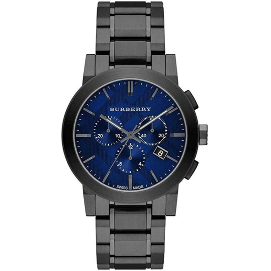 Front view of Burberry BU9365 men’s watch featuring blue dial and grey stainless steel strap