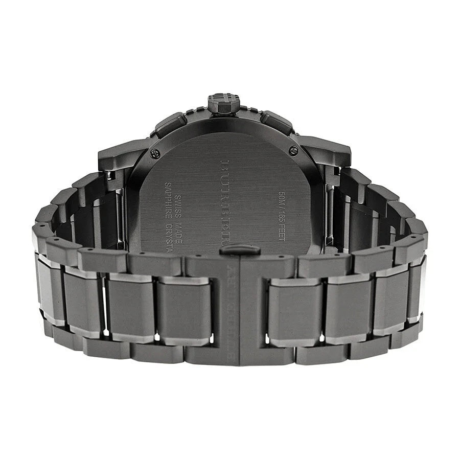Back case view of Burberry BU9381 watch with stainless steel details and model number