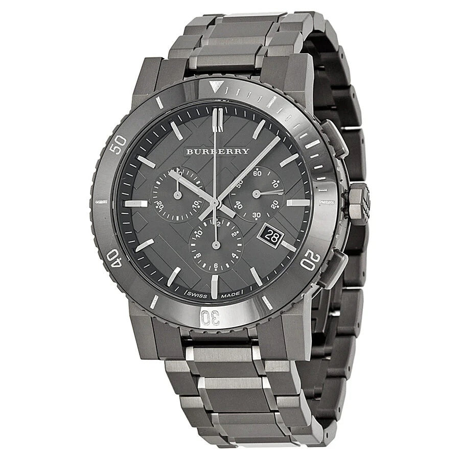Front view of Burberry BU9381 The City men’s watch with grey strap and grey dial