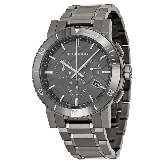 Front view of Burberry BU9381 The City men’s watch with grey strap and grey dial