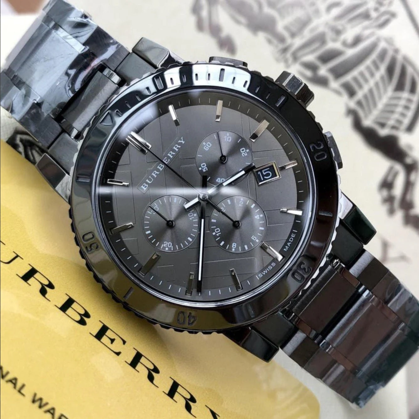 Display shot of Burberry BU9381 men’s grey watch styled for modern elegance