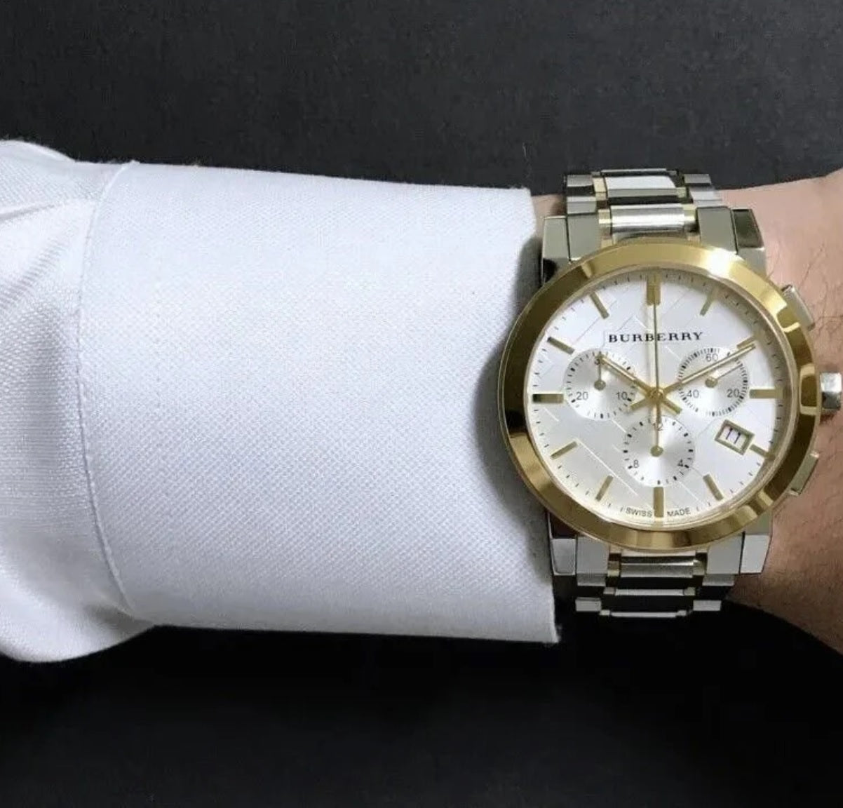 Close-up on-wrist view of Burberry BU9751 silver dial watch