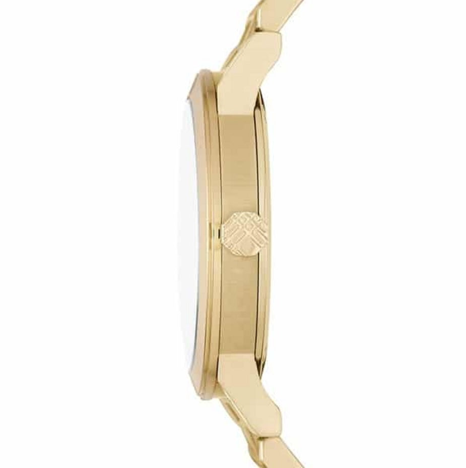 Side angle view of Burberry BU9038 unisex watch with polished gold stainless steel strap