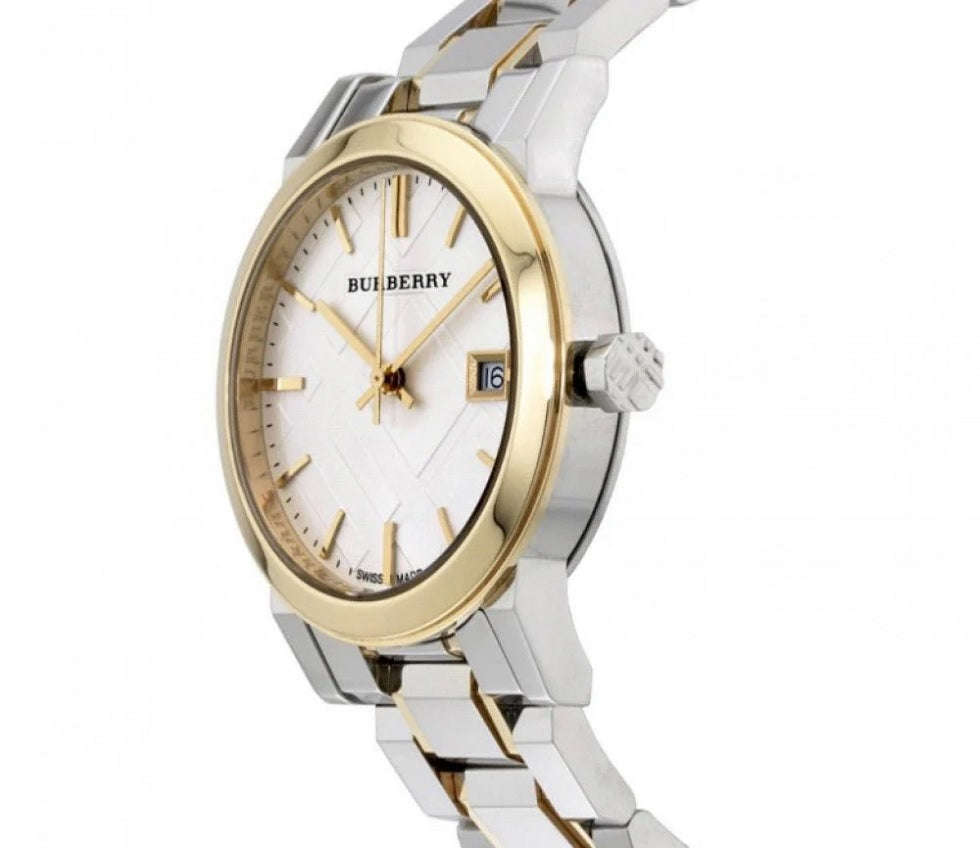 Angled view of Burberry BU9115 stainless steel women’s watch with gold case