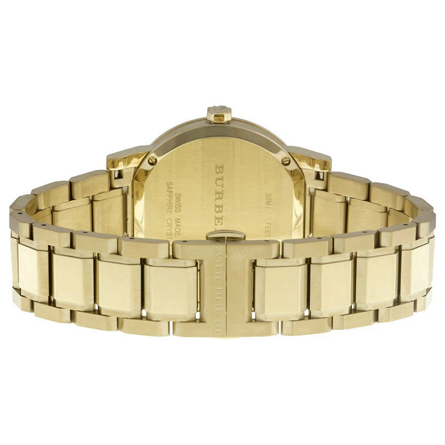 Back case of Burberry BU9033 unisex gold watch with engraved stainless steel details