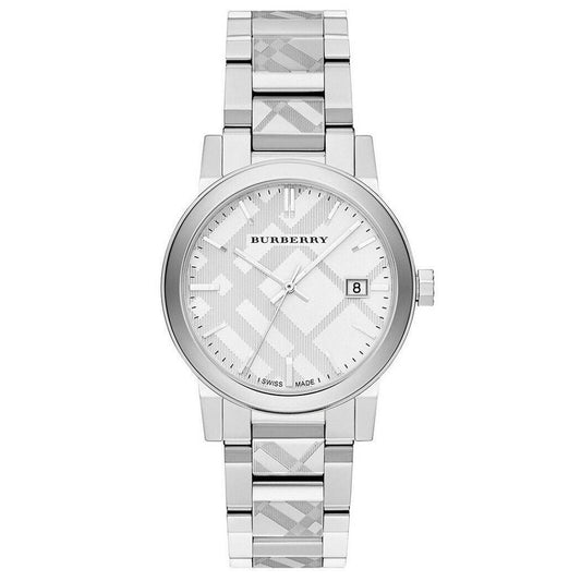 Front view of Burberry BU9037 unisex silver stainless steel watch with silver dial and minimalist design