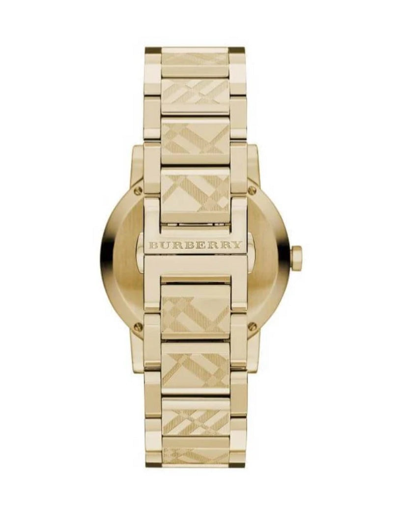 Back case of Burberry BU9038 unisex watch with engraved stainless steel details