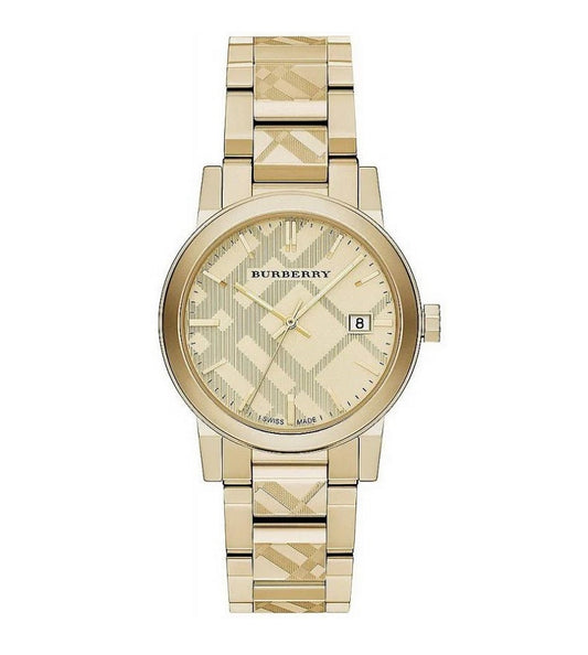 Front view of Burberry BU9038 unisex gold stainless steel watch with matching gold dial