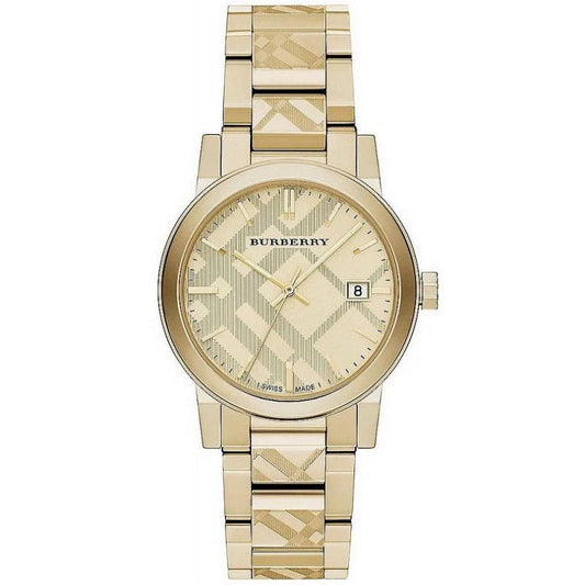 Front view of Burberry BU9038 unisex gold stainless steel watch with matching gold dial