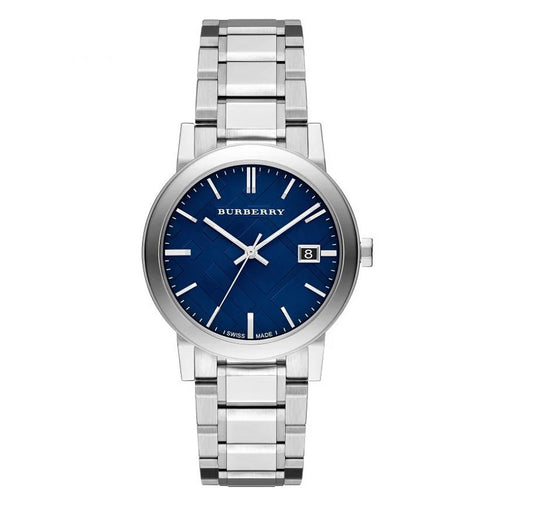 Front view of Burberry BU9031 The City watch with silver strap and blue dial