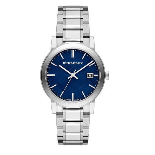Front view of Burberry BU9031 The City watch with silver strap and blue dial