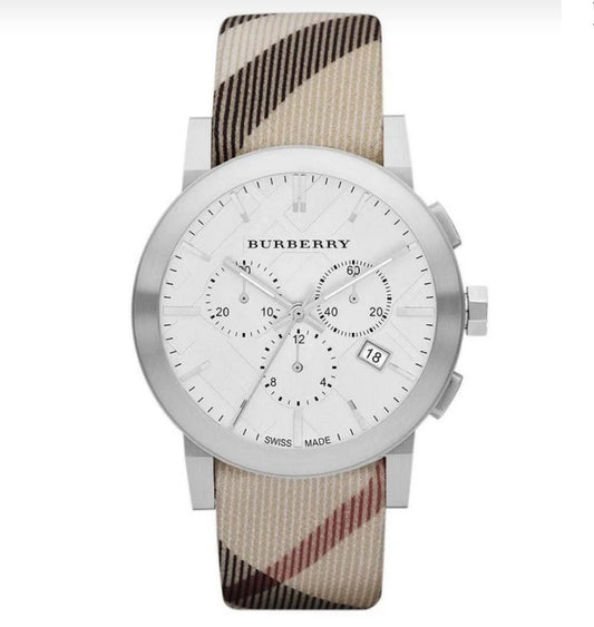 Front view of Burberry BU9357 The City men’s watch with multicolour leather strap and silver dial