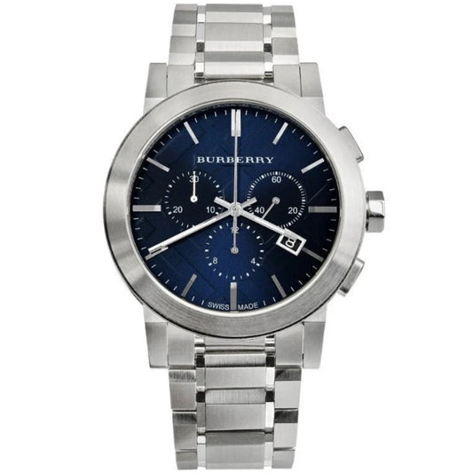 Front view of Burberry BU9363 men’s watch with stainless steel silver strap and blue dial